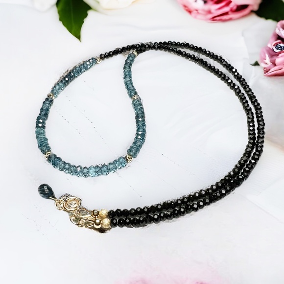 Solid 14k Gold Natural Black Spinel London Blue Topaz Wrap Bracelet | Necklace - Picture 8 of 12